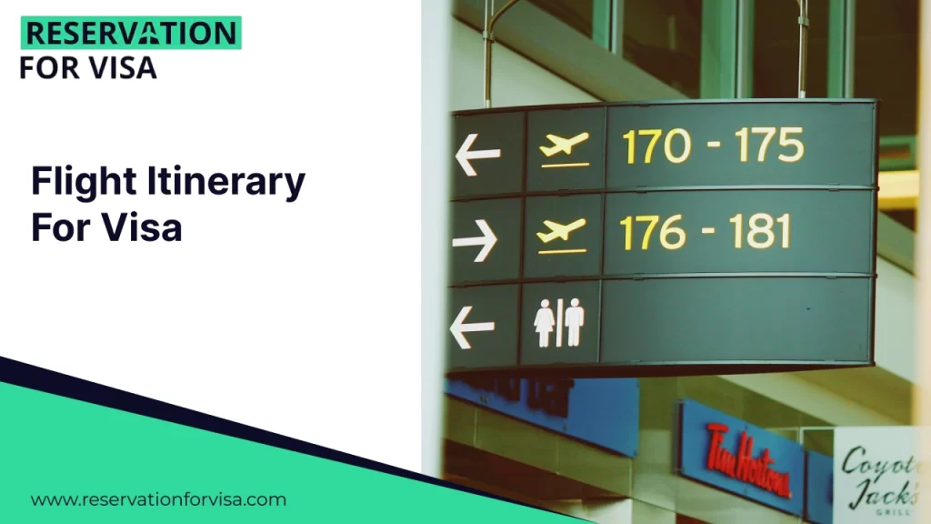 An image with a vertical split design. The left half features a white background with the bold, dark blue title "Flight Itinerary For Visa." It includes the "RESERVATION FOR VISA"
