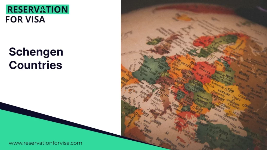 Schengen countries map on globe, representing Schengen visa countries, Europe travel zone, and visa application services for international travelers.