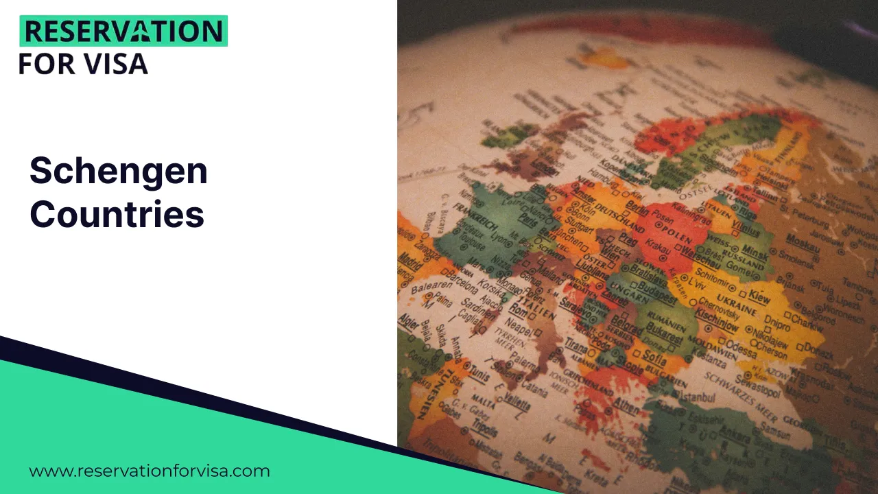 Schengen countries map on globe, representing Schengen visa countries, Europe travel zone, and visa application services for international travelers.