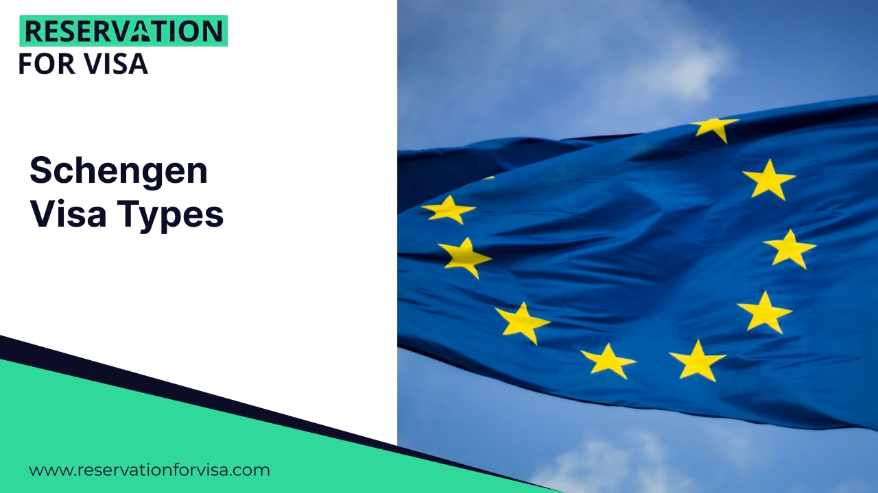 Schengen visa types explained with European Union flag, representing tourist, business, and transit Schengen visas and Europe travel visa services.