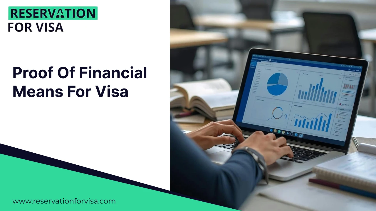 Proof of financial means for visa application shown by a person reviewing financial charts and documents on a laptop in a professional setting.