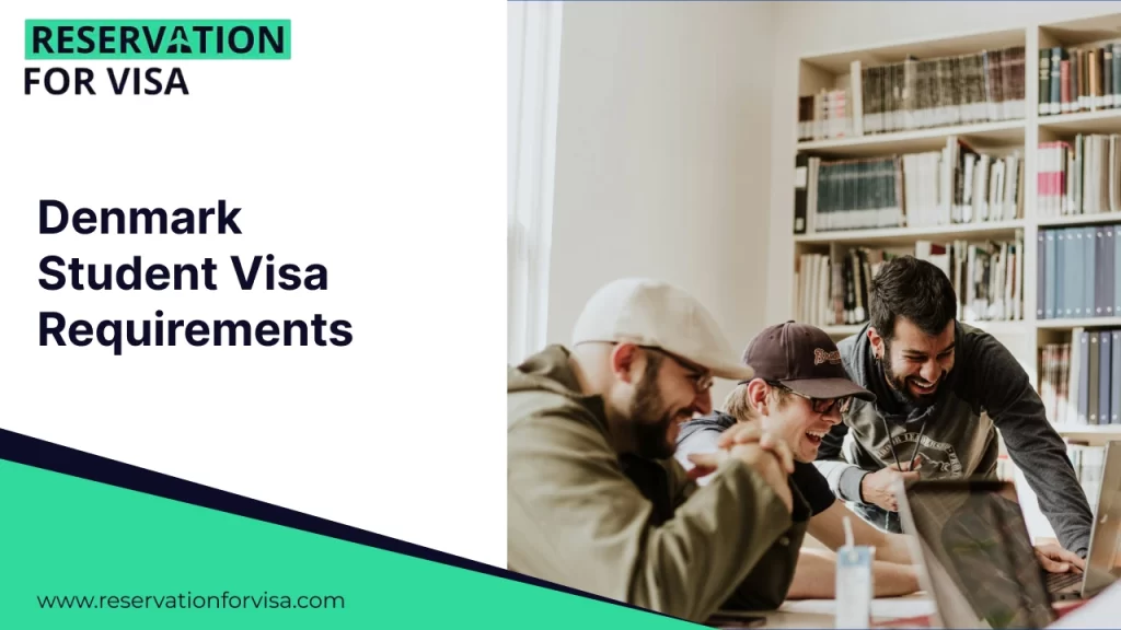 Denmark student visa requirements banner showing international students studying together in a library, promoting visa guidance and reservation services for studying in Denmark.