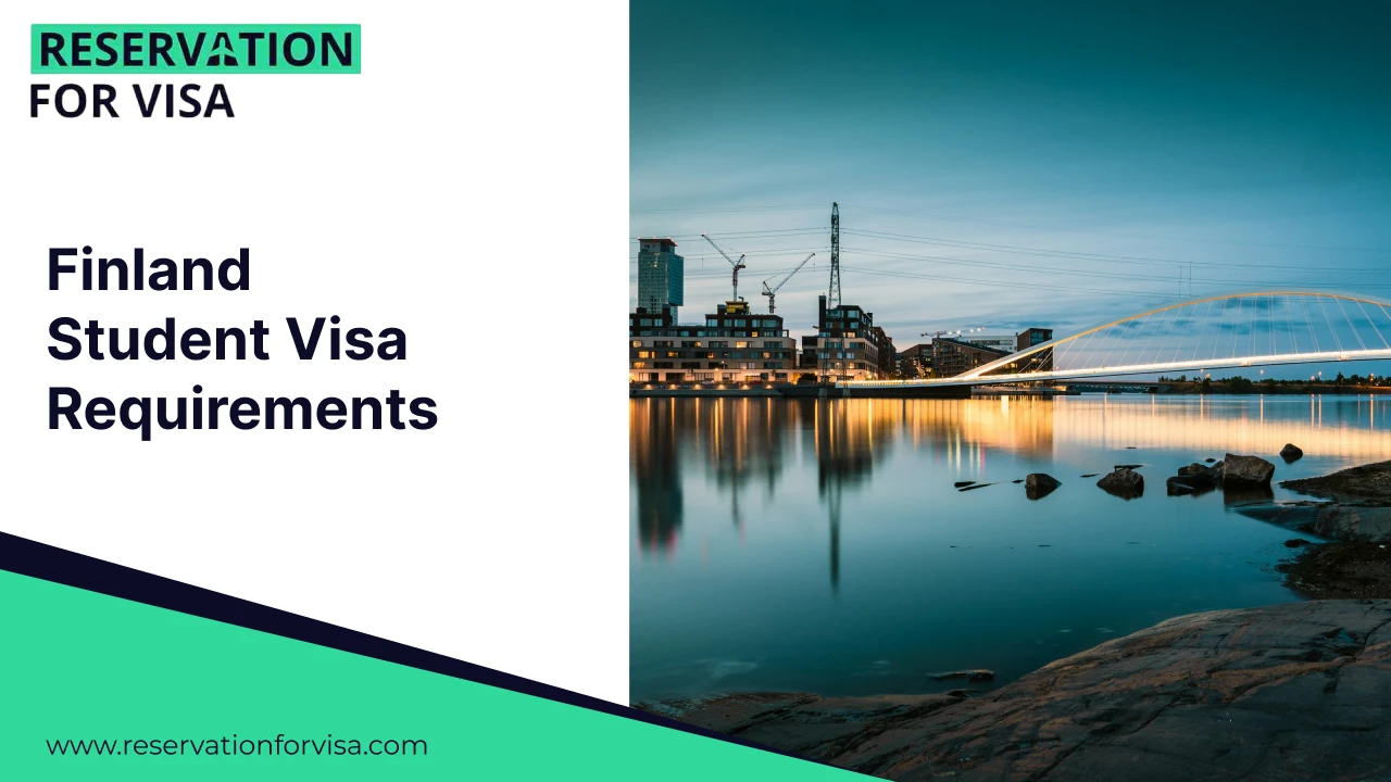 Finland student visa requirements guide by Reservation For Visa featuring a modern Finnish city waterfront with illuminated bridge and buildings, representing study in Finland for international students.