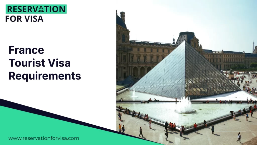 France tourist visa requirements banner showing the Louvre Pyramid in Paris with visitors, promoting reservation for visa services for travel to France.