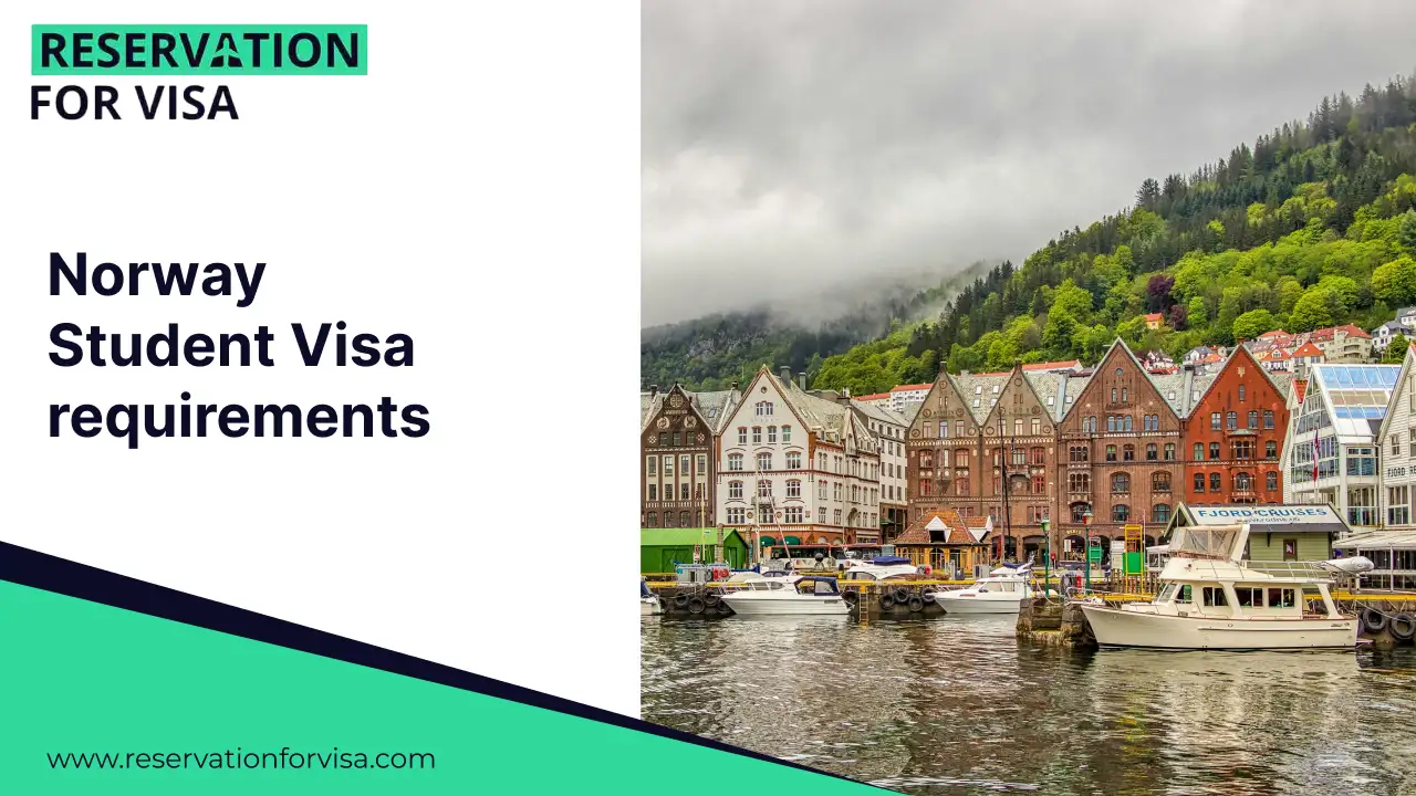 Norway student visa requirements guide by Reservation For Visa featuring scenic Bergen harbor with traditional Norwegian buildings and boats, representing study in Norway for international students.
