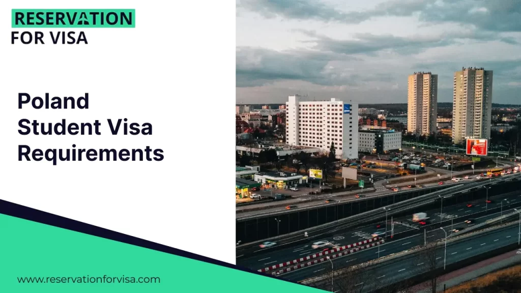 Poland student visa requirements guide by Reservation for Visa, featuring a modern cityscape of Poland with highways and buildings, ideal for international students planning to study in Poland.
