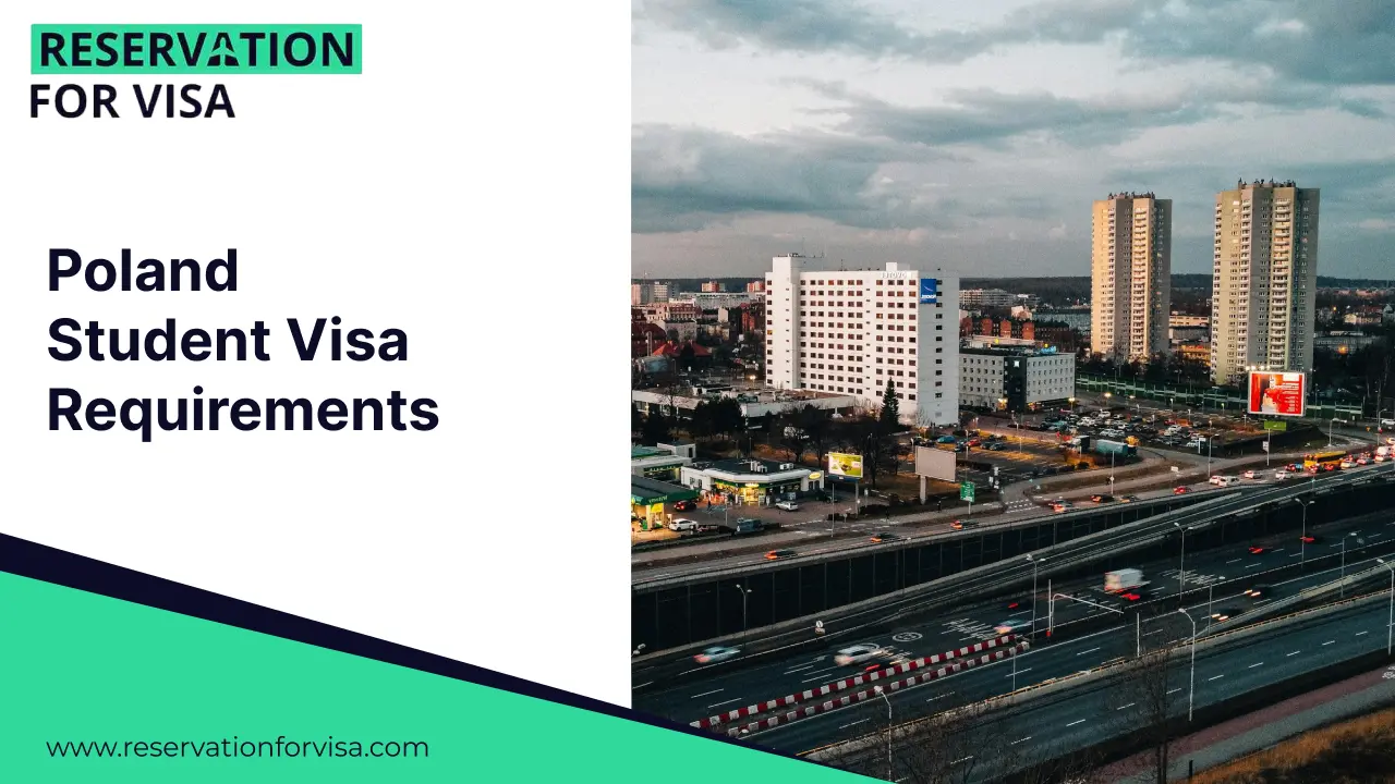 Poland student visa requirements guide by Reservation for Visa, featuring a modern cityscape of Poland with highways and buildings, ideal for international students planning to study in Poland.