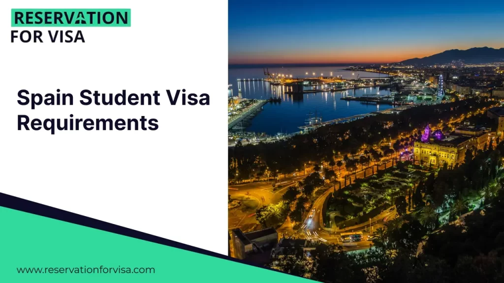 Spain student visa requirements guide by Reservation For Visa featuring a nighttime aerial view of a Spanish coastal city harbor and city lights, representing study in Spain for international students.