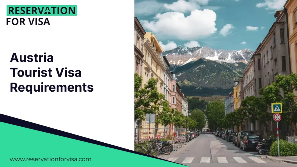 Austria tourist visa requirements banner featuring Innsbruck city street with Alpine mountains, promoting reservation for visa application and travel to Austria.