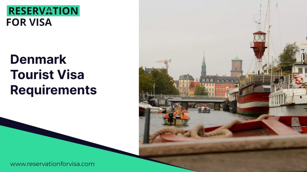 Denmark tourist visa requirements banner showing Copenhagen canal with boats and historic buildings, promoting reservation for visa services for Denmark travel.