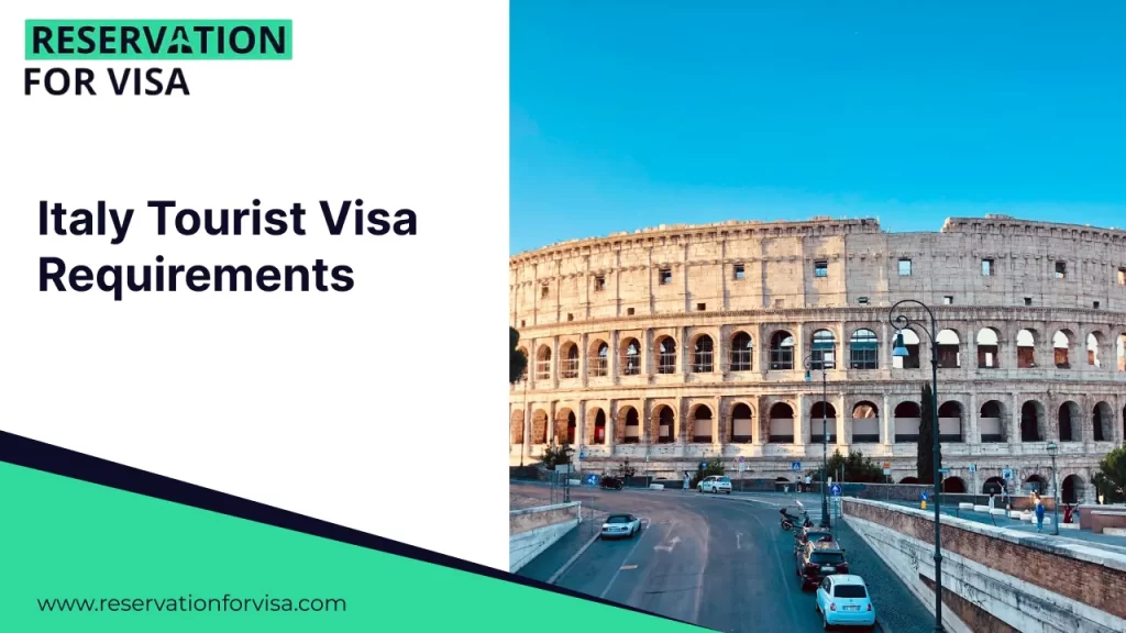 Italy tourist visa requirements banner featuring the Colosseum in Rome, representing Schengen visa application, travel documentation, and visa reservation services for Italy.