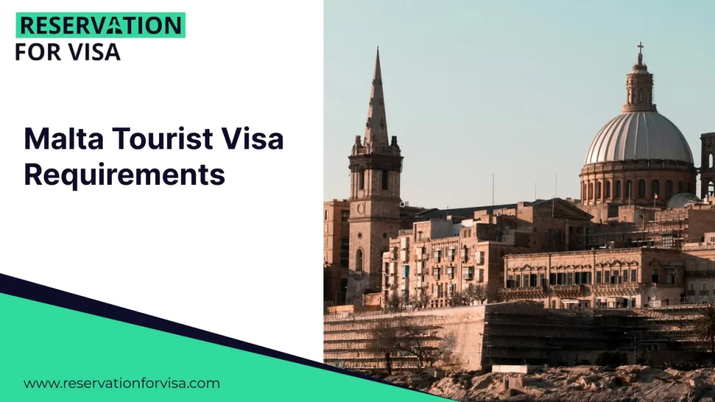Malta tourist visa requirements banner featuring Valletta city skyline with historic domed church architecture, promoting visa reservation services for Malta travel.