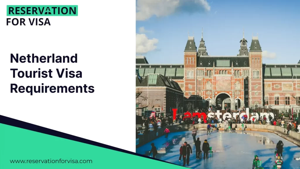 Netherlands tourist visa requirements banner showing Amsterdam cityscape with Rijksmuseum, highlighting visa reservation services for Netherlands travel.