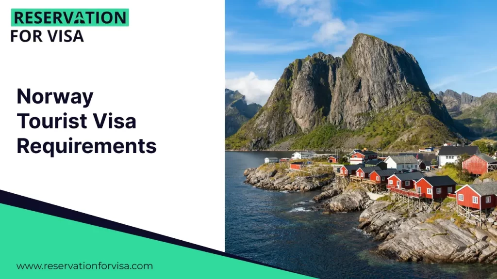 Norway tourist visa requirements banner featuring a scenic Norwegian fjord with traditional red fishing houses and mountains, promoting reservation for visa services to Norway.