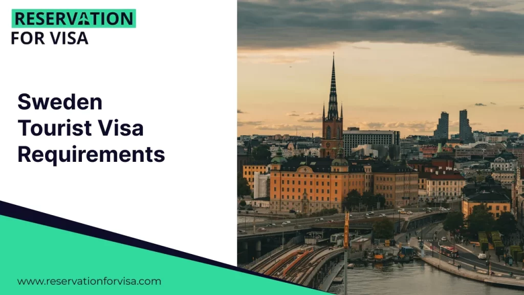 Sweden tourist visa requirements guide with Stockholm city skyline, official visa reservation information for travelers planning a trip to Sweden.