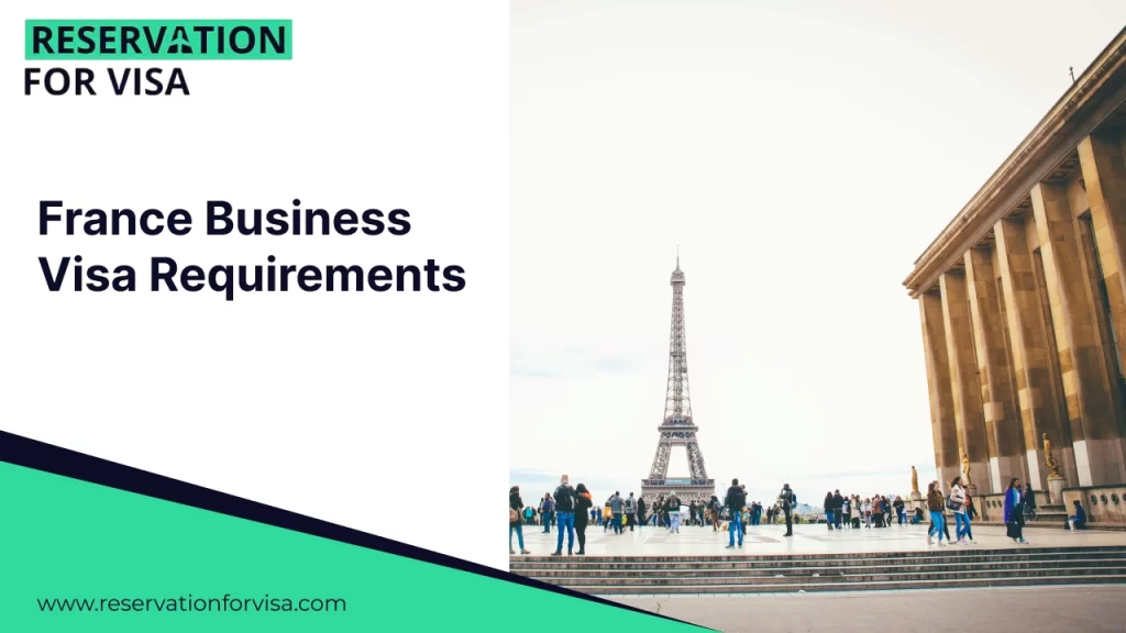 France Business Visa requirements banner featuring the Eiffel Tower in Paris, highlighting professional visa reservation and documentation support for France business travel.