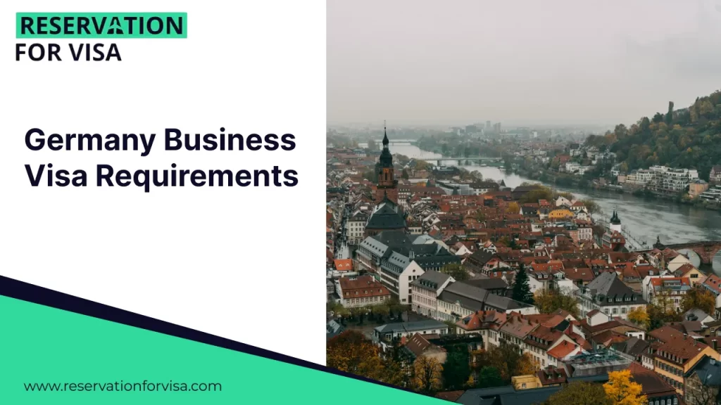Germany business visa requirements banner featuring an aerial view of a historic German city with river and old town architecture, promoting Germany business visa application and documentation.
