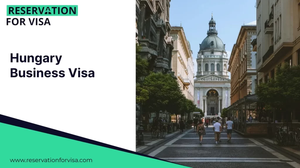 Hungary business visa reservation banner showing a street view of Budapest with St. Stephen’s Basilica, promoting Hungary business visa application and travel requirements.