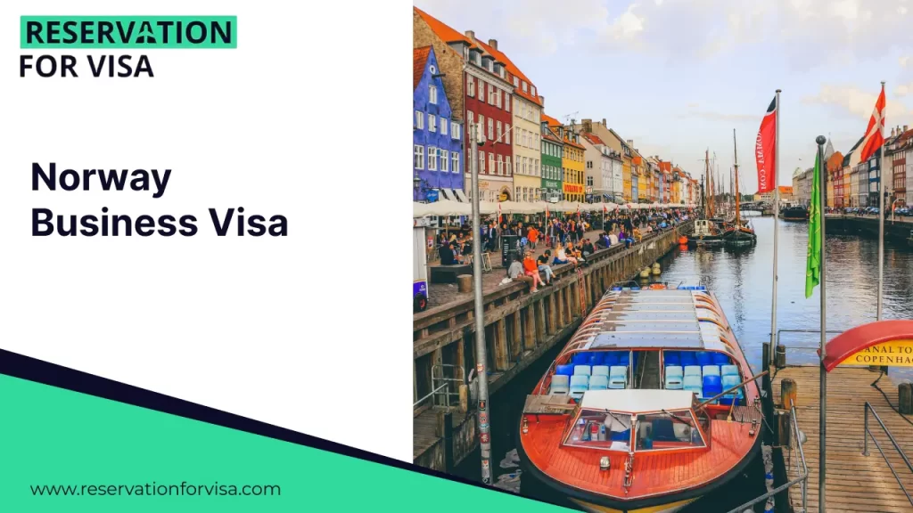 Norway Business Visa reservation banner featuring a scenic Scandinavian harbor with colorful waterfront buildings and boats, promoting professional visa reservation services for Norway business travel.