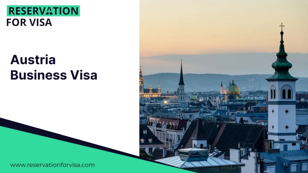 Austria business visa application banner by Reservation for Visa featuring Vienna city skyline at sunset, highlighting Austrian business travel and visa services.