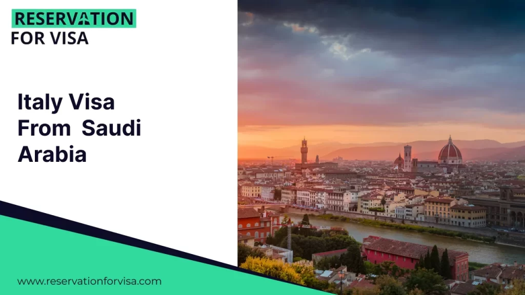 Italy visa from Saudi Arabia promotional banner showing Florence city skyline at sunset, advertising visa reservation and travel support services for Saudi residents.