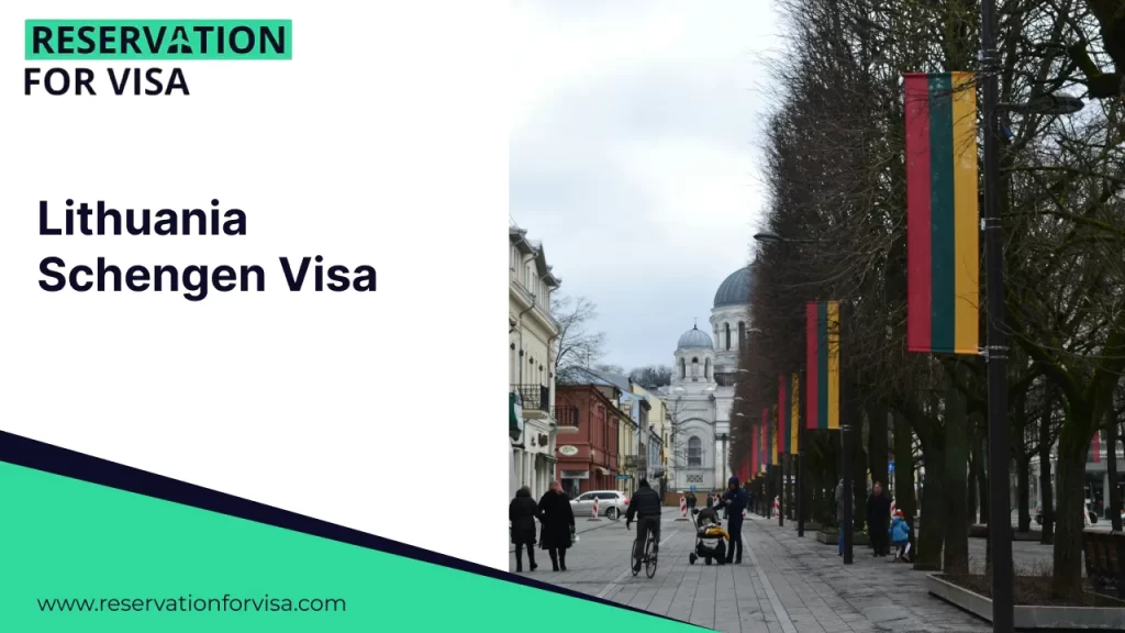 “Reservation for Visa – Lithuania Schengen Visa banner showing a pedestrian street in Vilnius with Lithuanian flags, historic buildings, and cathedral architecture, representing Schengen visa application and travel reservation services.