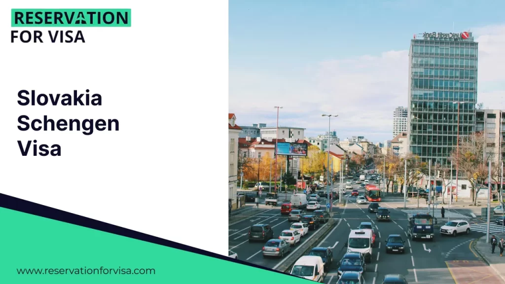 Slovakia Schengen visa application banner by Reservation for Visa featuring Bratislava city street view with modern buildings, representing Schengen travel and visa services.