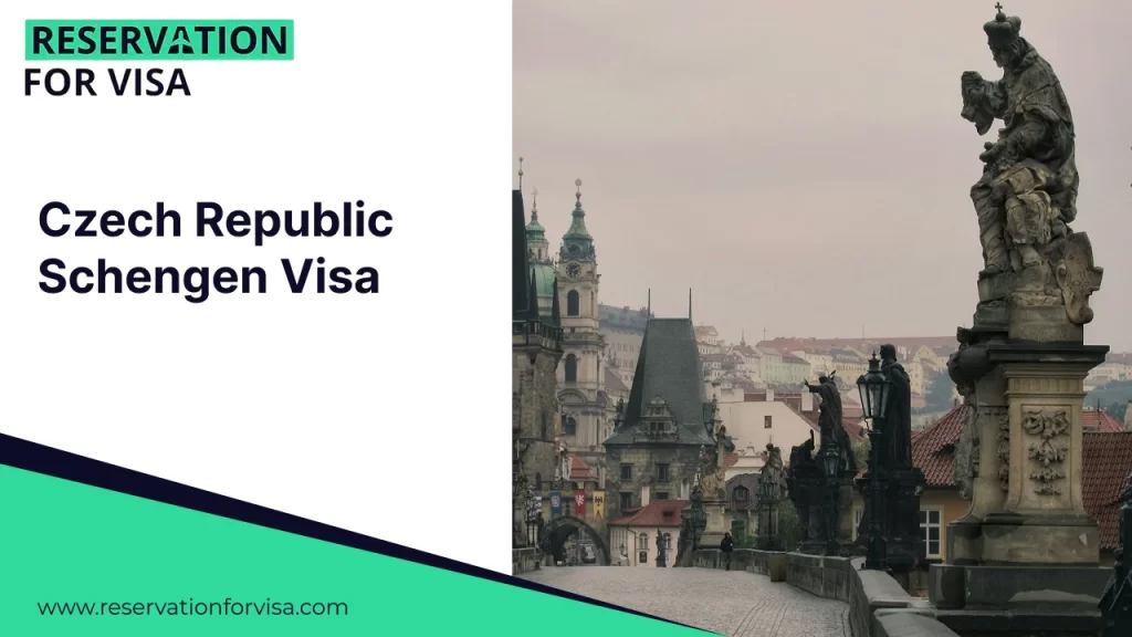 An informational graphic for "Czech Republic Schengen Visa" featuring a scenic photograph of the Charles Bridge in Prague. The bridge is lined with historic stone statues and overlooks the old city's spires and rooftops under an overcast sky. The left side of the image contains a white section with bold black text, a green "RESERVATION FOR VISA" header, and a website URL at the bottom.