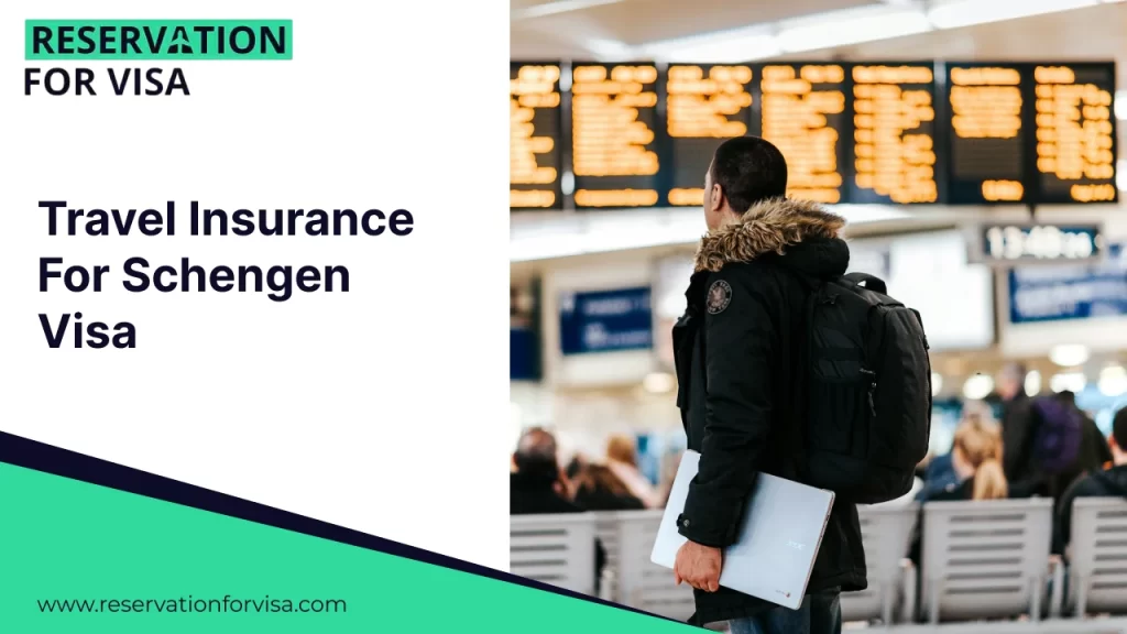 An image with a vertical split design. The left half features a clean white background with the bold, dark blue title "Travel Insurance For Schengen Visa.