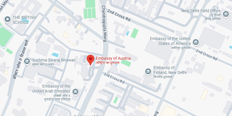 Map showing the location of the Embassy of Austria in New Delhi, India — important for Austria visa from India application process.