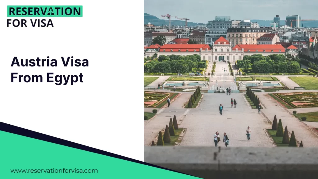 Promotional banner for "Austria Visa From Egypt" featuring the gardens and facade of the Upper Belvedere Palace in Vienna.