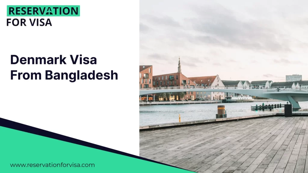 A promotional graphic for "Denmark Work Visa From Pakistan" featuring an aerial view of a Danish city. The scene shows dense rows of red-roofed residential buildings, green trees, and a winding road alongside a calm body of water.