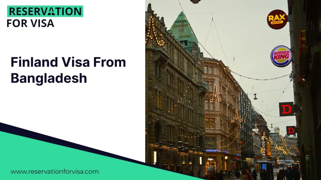 A travel graphic for reservationforvisa.com titled "Finland Visa From Bangladesh," showcasing the illuminated Aleksanterinkatu shopping street in Helsinki at night, adorned with traditional holiday light displays.