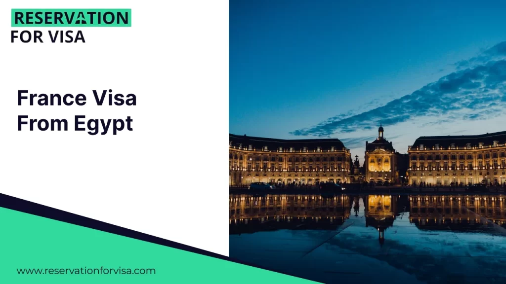 Promotional banner for "France Visa From Egypt" featuring a night view of Place de la Bourse in Bordeaux reflected in the water.