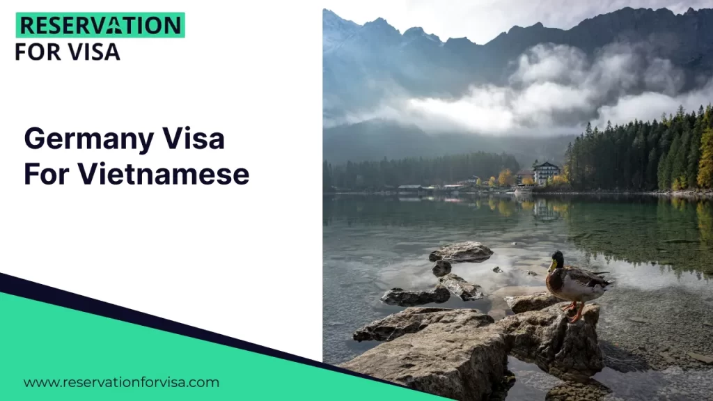 An image with a split design. The left side has a white background with the text "Germany Visa For Vietnamese" in dark blue, with a logo for "RESERVATION FOR VISA" at the top and a website URL at the bottom against a teal accent.