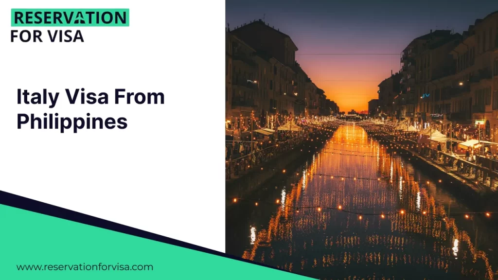 A travel banner for reservationforvisa.com titled "Italy Visa From Philippines," showcasing the Navigli district in Milan at sunset with golden lights reflected in the water.