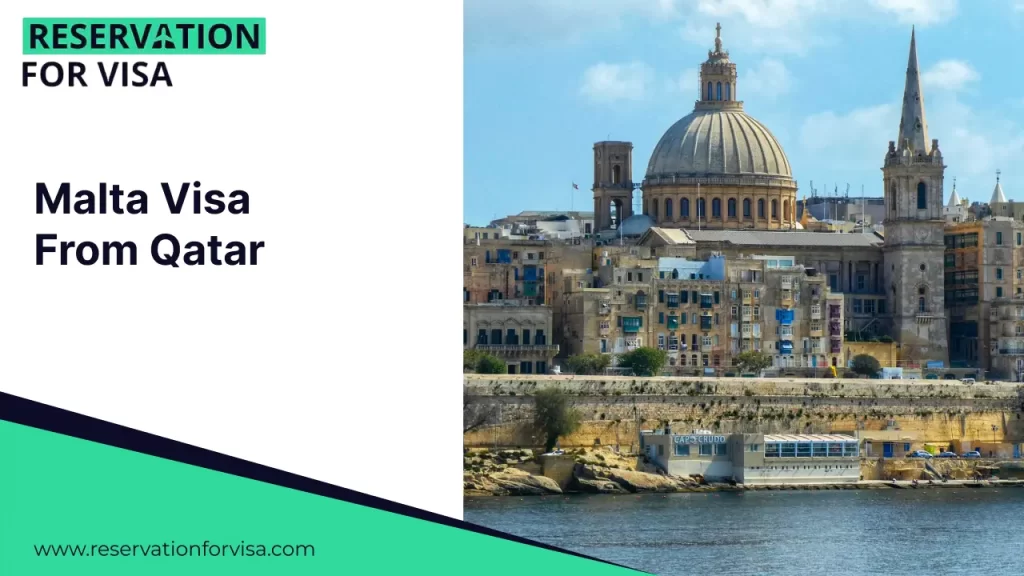 A promotional banner for "Malta Visa From Qatar" featuring a split layout. On the left, a white section contains the logo "RESERVATION FOR VISA" and the main text in bold blue. The right side showcases a scenic view of Valletta, Malta, featuring the prominent dome of the Basilica of Our Lady of Mount Carmel and a church spire overlooking the sea.
