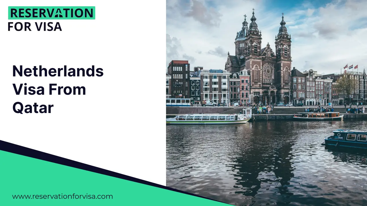 A travel graphic titled "Netherlands Visa From Qatar" for reservationforvisa.com, showcasing the illuminated Basilica of Saint Nicholas at dusk with city lights reflecting in the canal waters near Amsterdam Central Station.