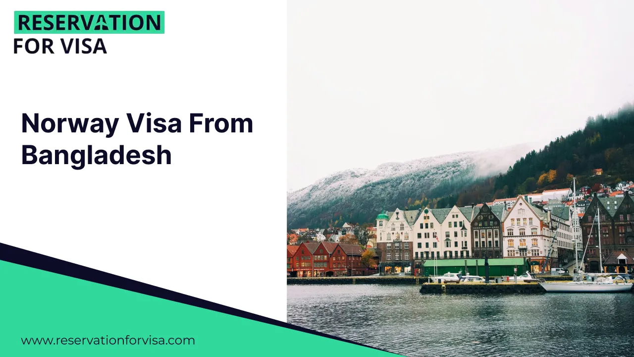 A travel graphic for reservationforvisa.com titled "Norway Visa From Bangladesh," showcasing the UNESCO World Heritage site of Bryggen Hanseatic Wharf with its iconic waterfront facades.