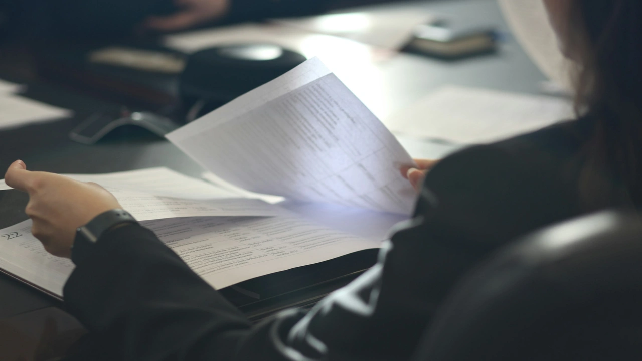Business professional reviewing paperwork and documents at an office desk during a meeting, focused on administrative and corporate work.