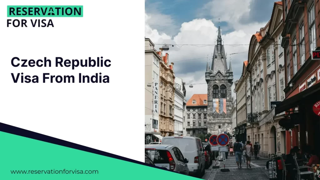 A travel graphic for reservationforvisa.com titled "Czech Republic Visa From India," showcasing the intricate medieval Astronomical Clock in Prague’s Old Town Square during the day.