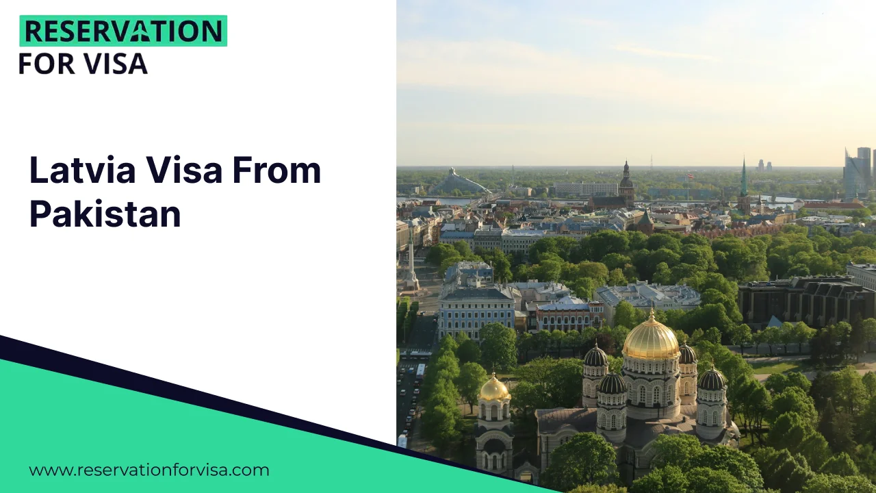 Latvia Visa From Pakistan guide banner with an image of the illuminated Nativity of Christ Cathedral in Riga, highlighting travel and visa services for Pakistani citizens.