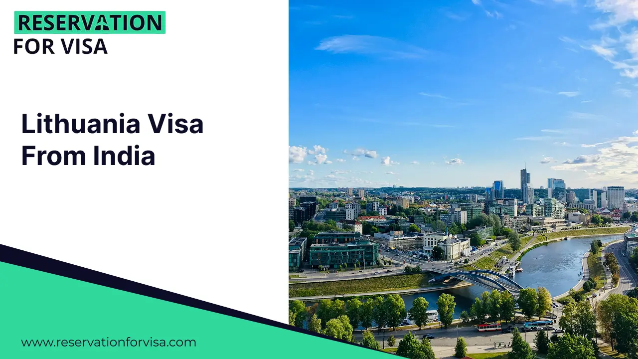 Lithuania Visa From India guide banner featuring a scenic night cityscape of Vilnius, the capital of Lithuania, highlighting landmarks and modern architecture.