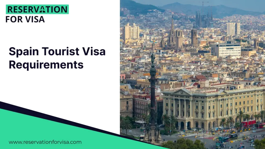 Promotional banner for "Spain Tourist Visa Requirements" featuring the Columbus Monument in Barcelona at sunset.