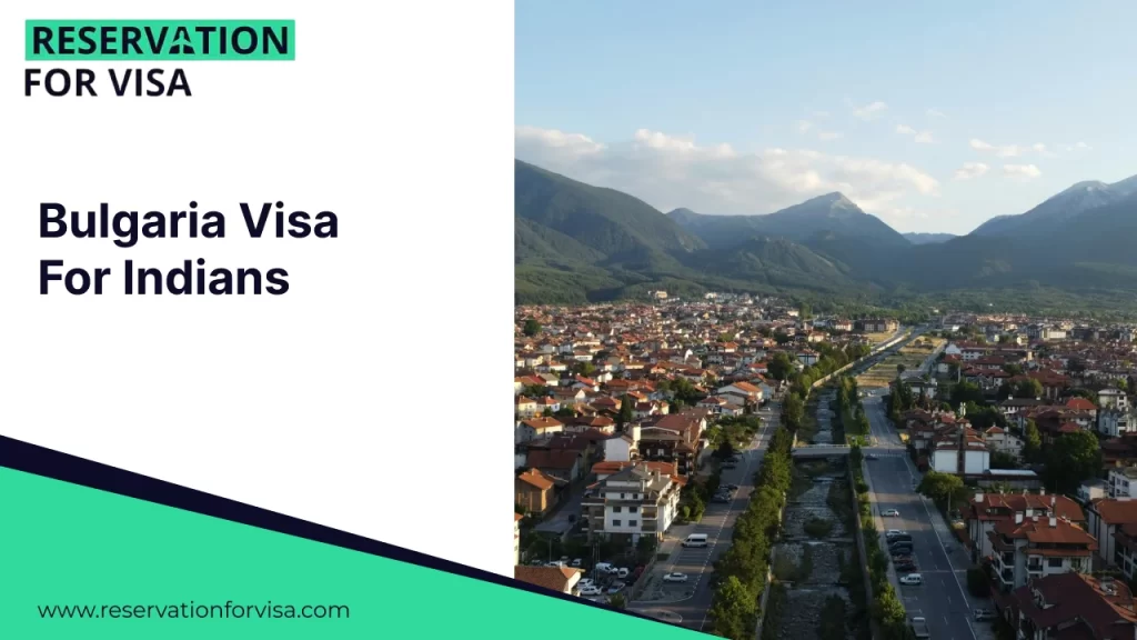 Promotional banner titled "Bulgaria Visa For Indians" featuring an aerial panoramic view of the town of Bansko at sunset with the Pirin Mountains in the background.