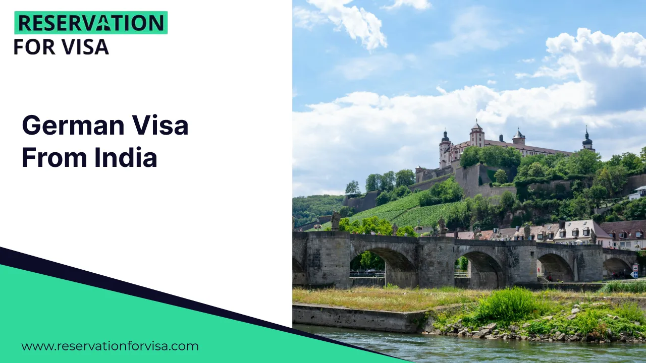 German visa from India reservation banner showing historic German castle and bridge, promoting visa appointment and travel document reservation services.