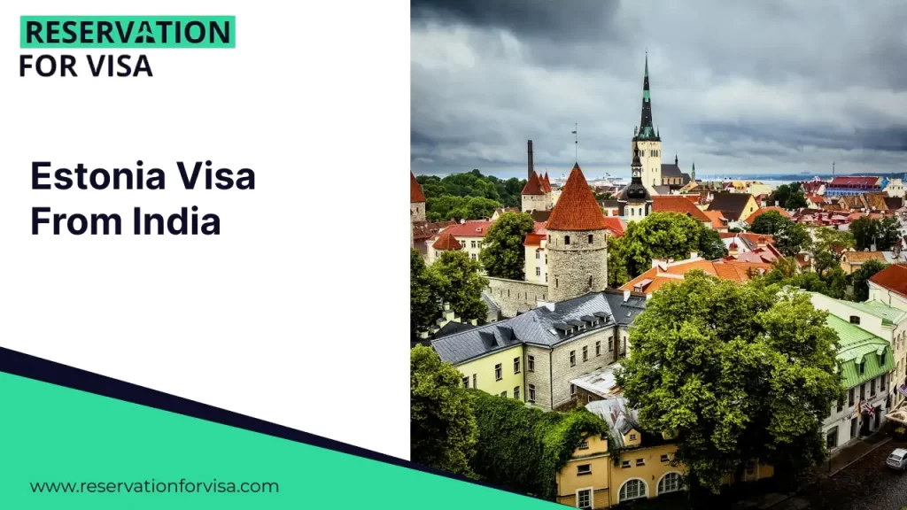 An aerial view of the historic Old Town in Tallinn, Estonia, featuring red-tiled roofs, medieval defensive towers, and a tall church spire under a cloudy sky.