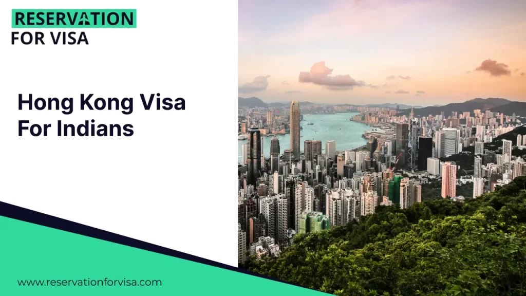 An image featuring the text "Hong Kong Visa For Indians" on a white background, alongside a panoramic landscape view of the Hong Kong skyline at dusk.