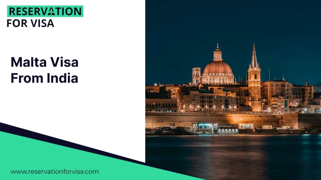 Promotional graphic for Malta Visa from India by Reservation for Visa, featuring a night view of Valletta's skyline.