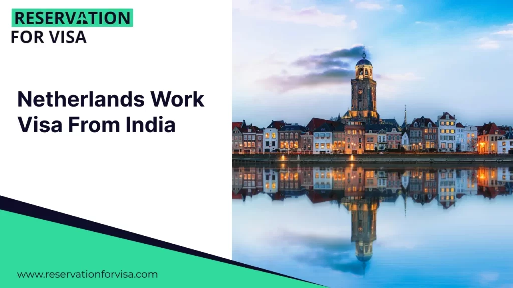 A serene evening view of a Dutch waterfront with a row of illuminated traditional buildings and a tall church tower perfectly reflected in the calm water.